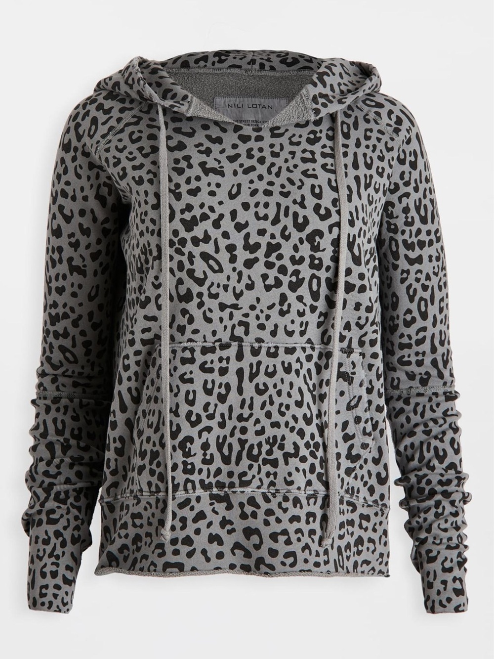 NILI LOTAN Janie Long Sleeve Cotton Hoodie Gray Leopard Print Hooded Pullover S